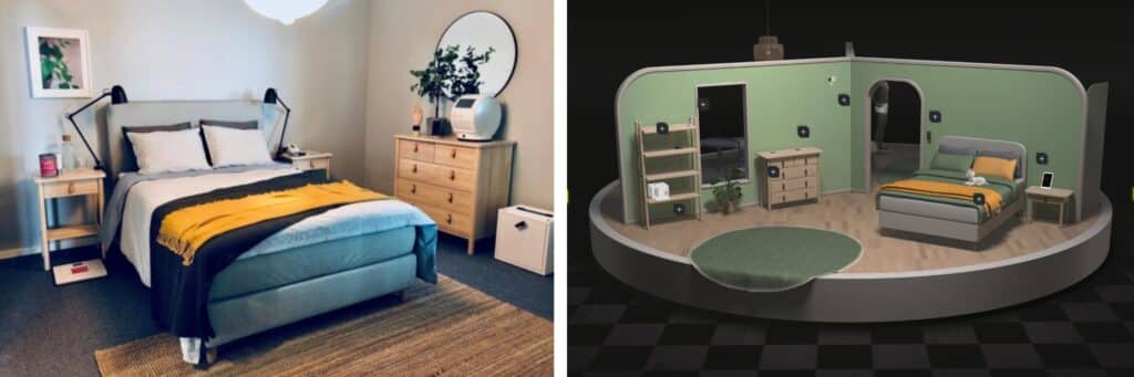 Tvådelad bild. Till vänster syns ett modernt sovrum med en bäddad säng i grått, prydd med vita kuddar och en gul filt. På båda sidor om sängen står små träbord med lampor, och i bakgrunden finns en byrå med en rund spegel ovanpå samt en grön växt. Till höger visas en digital 3D-modell av samma rum, med gröna väggar, säng, byrå, hylla och matta, arrangerade i en cirkulär struktur som visar rummets layout.