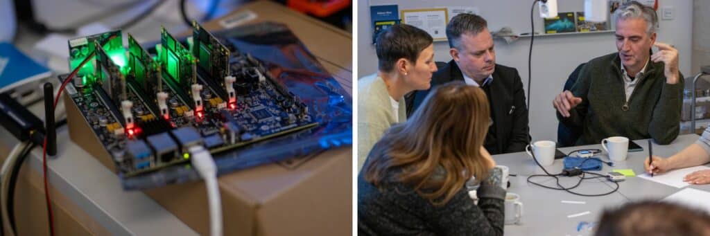 Tvådelad bild från vIoT-labbet vid Linnéuniversitetet i Kalmar. Till vänster syns ett kretskort med flera komponenter och lysdioder som lyser grönt och rött, anslutet med kablar och placerat på en kartong. Till höger visas en grupp personer som sitter runt ett bord i en mötesmiljö, med kaffekoppar, anteckningsblock och några tekniska komponenter på bordet.