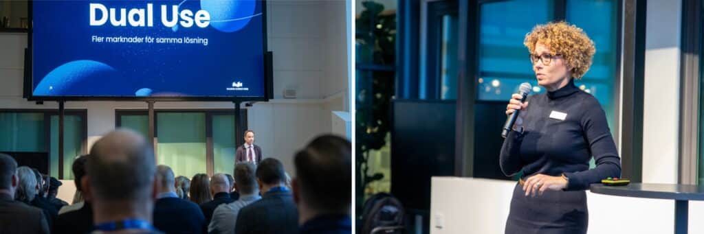 Ett collage med två bilder från ett evenemang på Kalmar Science Park. Den vänstra bilden visar en föreläsning där en stor skärm med texten ”Dual Use – Fler marknader för samma lösning” syns ovanför en talare inför en sittande publik. Den högra bilden visar en person som står vid ett högt bord och håller en mikrofon medan hen talar, med en fjärrkontroll för presentationer placerad på bordet.