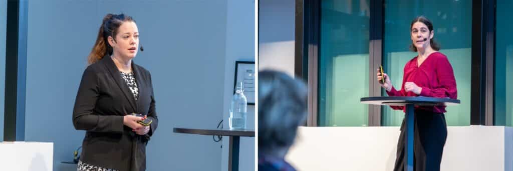 Ett collage med två bilder från en presentation. Till vänster står en person i svart kavaj och mönstrad topp vid ett högt bord, hållandes en presentationsklickare. Till höger står en person i röd blus och svarta byxor vid ett liknande bord och talar medan hon håller i en klickare.